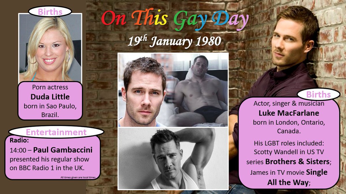 #OnThisGayDay - 19th January 1980
#DudaLittle #SaoPaulo #Brazil #LukeMacFarlane #London #Ontario #Canada #LGBT #BrothersandSisters #SingleAlltheWay #PaulGambaccini #BBCRadio1 
#LGBTHistory #LGBTStories #QueerHistory #QueerStories #LGBTQ #LGBTQIA+