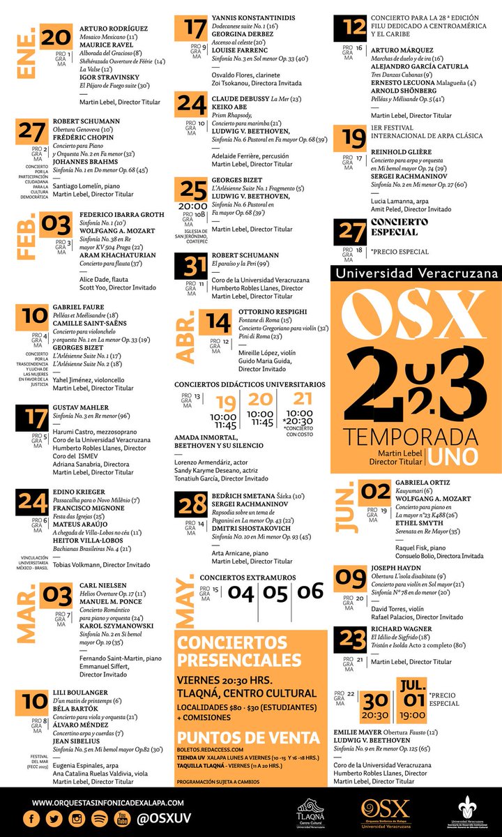 #ComunidadUV
🤩 Esto es lo que estabas esperando: 
¡Bienvenida la cartelera 2023 de la @osxuv!
Una programación de enero a julio con sentido académico y artístico que hará brillar tus emociones.