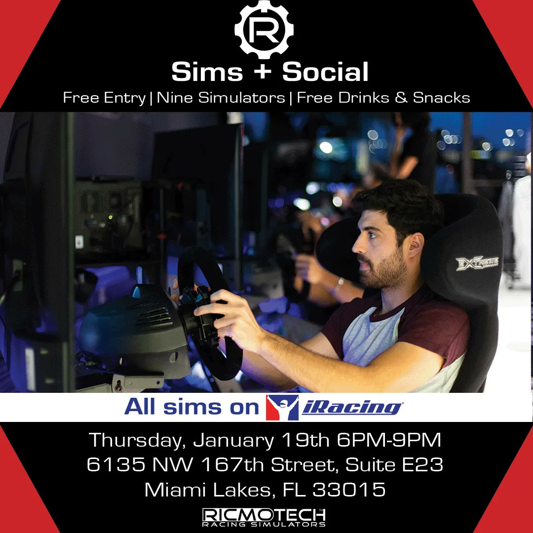Just a reminder that our first Sims + Social of 2023 is tomorrow! No purchase is necessary; drinks and snacks are complimentary. #ricmotech #iracing #iracingofficial #simracing #miami #esports #broward #wpb