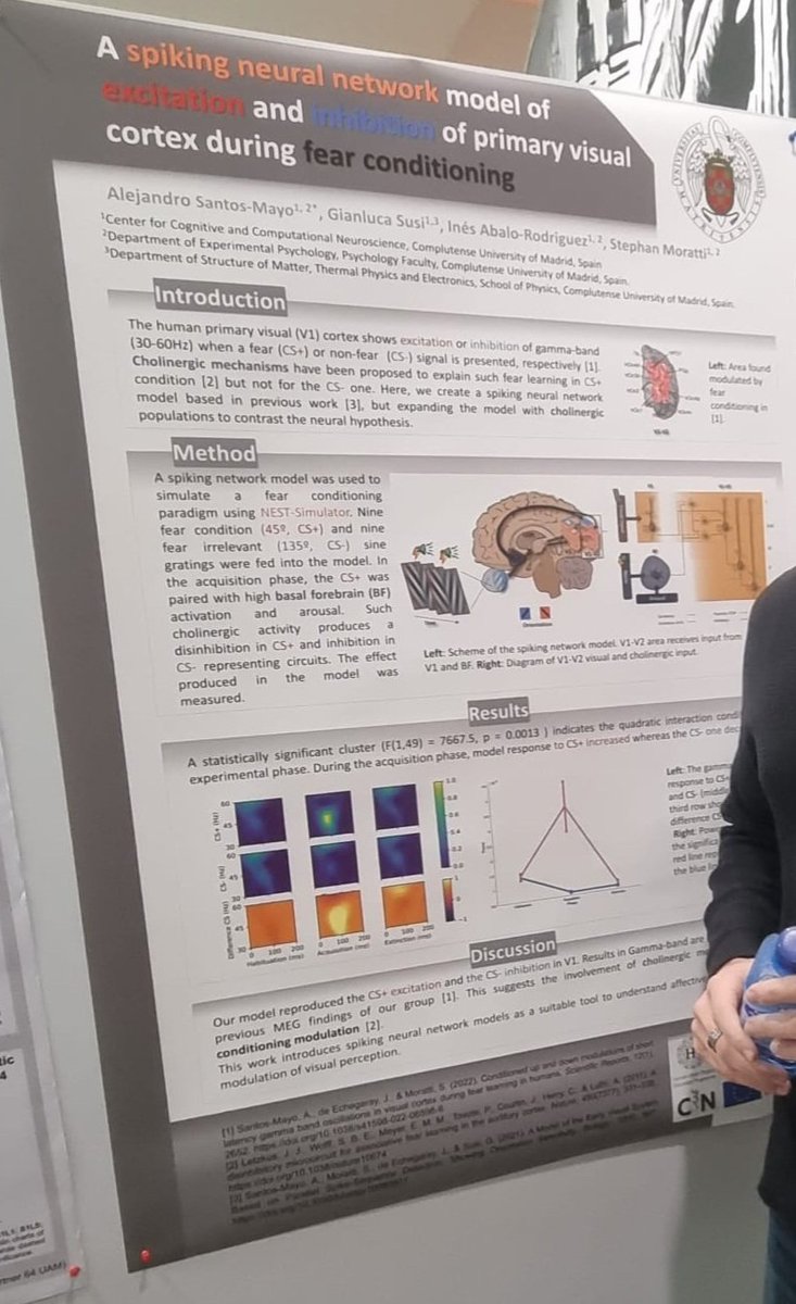 AlexSantosMayo's tweet image. Just presented today a poster of a Spiking network reproducing emotional fear conditioning in an artificial V1 #HBPSC2023. Explaining visual fear conditioned modulation with cholinergic neural mechanisms. Building a tech bridge between psychology and biology