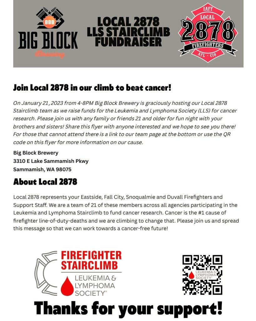 Join us this Saturday for our fundraiser supporting our local 2878 and their annual climb to raise money for cancer research. 
They will be selling raffle tickets to raise money for their climb. If you are unable to come and want to donate, please use the QR code on this post.