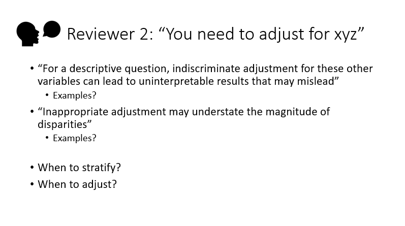 BU_BMC_Rheum's tweet photo. We discussed two common reviewer critiques of #DescriptiveEpi studies

1⃣: "you need to adjust for xyz"

Some caveats to this include #Table2Fallacy https://t.co/uhJMZodkkl