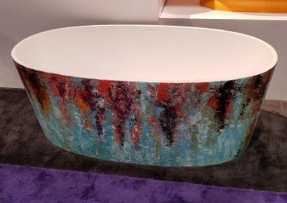 TimelessKitchDz's tweet photo. A8: Biomimicry!  Custom designs on tile. And how many of you remember this tub (and the artist who painted it during the actual show!) at KBIS a few years back?  #KBtribechat #timelesskitchendesign https://t.co/KmMiLx2tE9