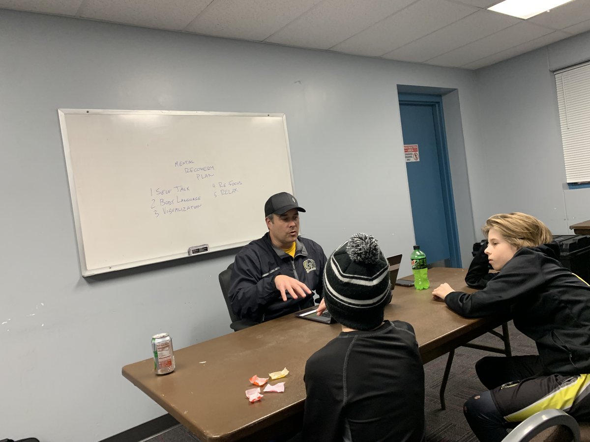 ValleyYouthPuck's tweet photo. Having a mental recovery plan is as critical as any other hockey skill. Nowhere on the ice is this more important than between the pipes. Coach Morris goes over the mental aspects with Firehawks Peewee A tendies Landon and Zach. #GoaliesBruh #NextShotNextSave https://t.co/cJgdPenog8