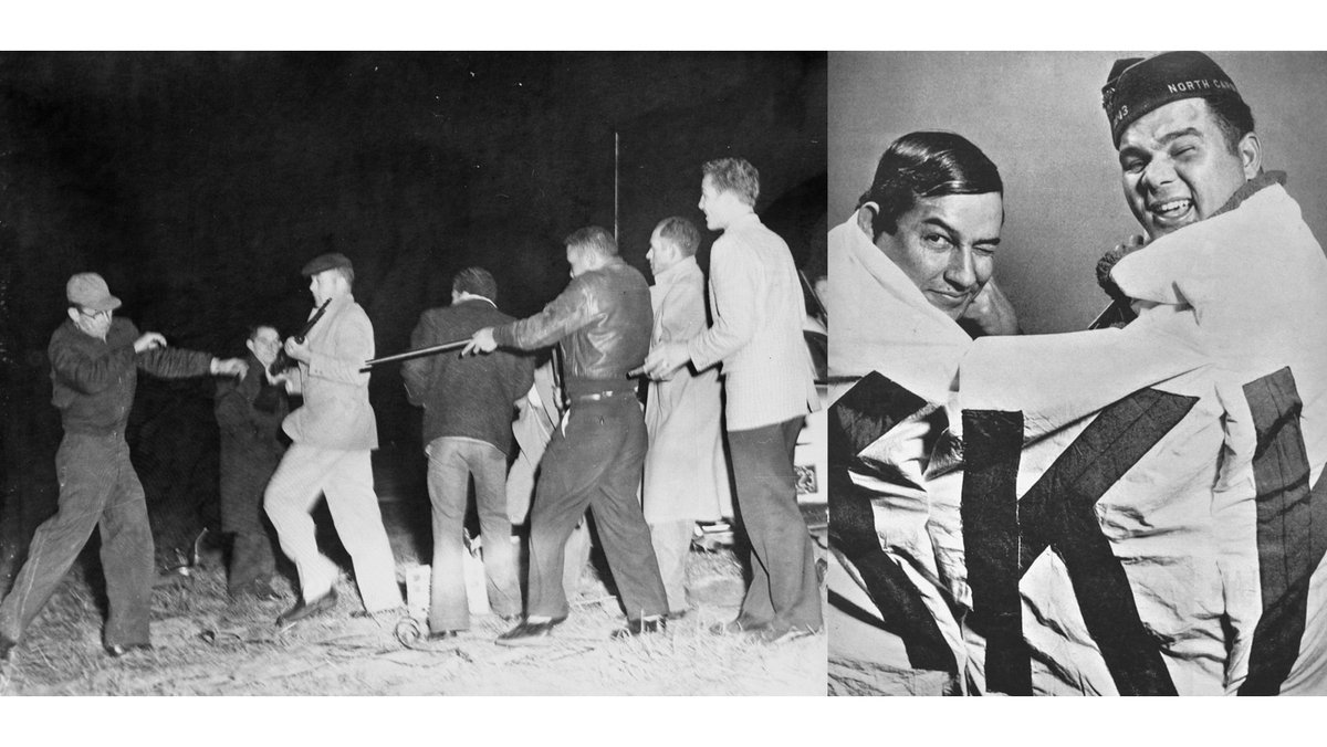 #OtD 18 Jan 1958 the Battle of Hayes Pond took place in NC when Native Americans routed a KKK rally. 500 Lumbee armed with shotguns and clubs attacked the white supremacist protest forcing them to flee, and celebrated by burning KKK banners and robes.