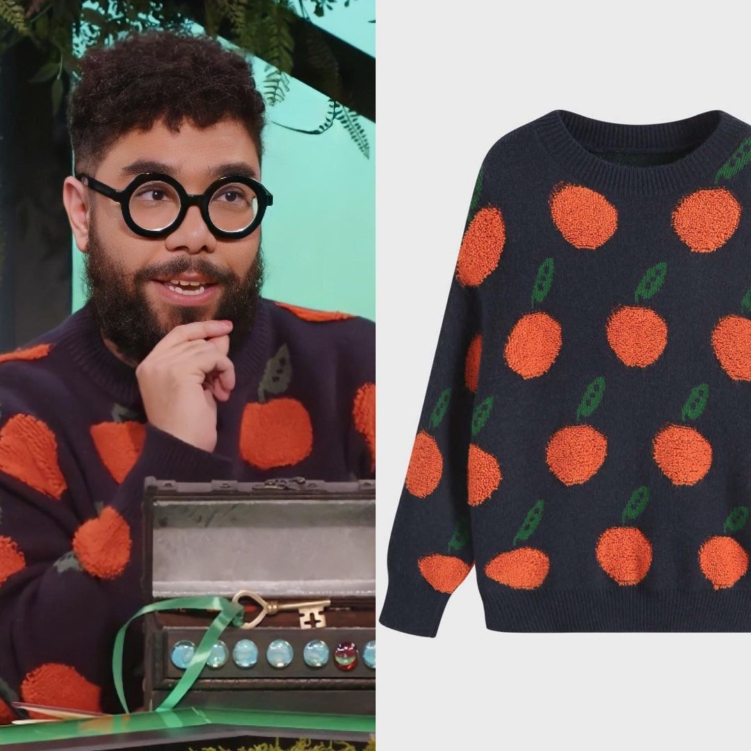 d20closet's tweet photo. oscar wore the "orange pattern sweater" in navy blue by @shopcider on episode 3 of a court of fey and flowers. the sweater is $28 and is available in sizes XS and L. #dimension20 @ozzymo https://t.co/R6lrbbWw7O