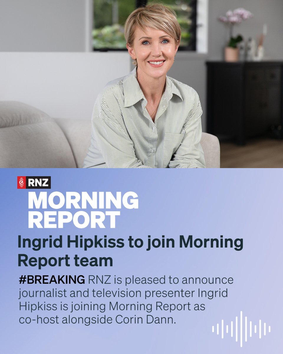 radionz's tweet photo. ANNOUNCEMENT: RNZ is pleased to announce journalist and television presenter Ingrid Hipkiss is joining @NZMorningReport as co-host alongside Corin Dann. 🎉🎙️ https://t.co/SW2rgOHha1