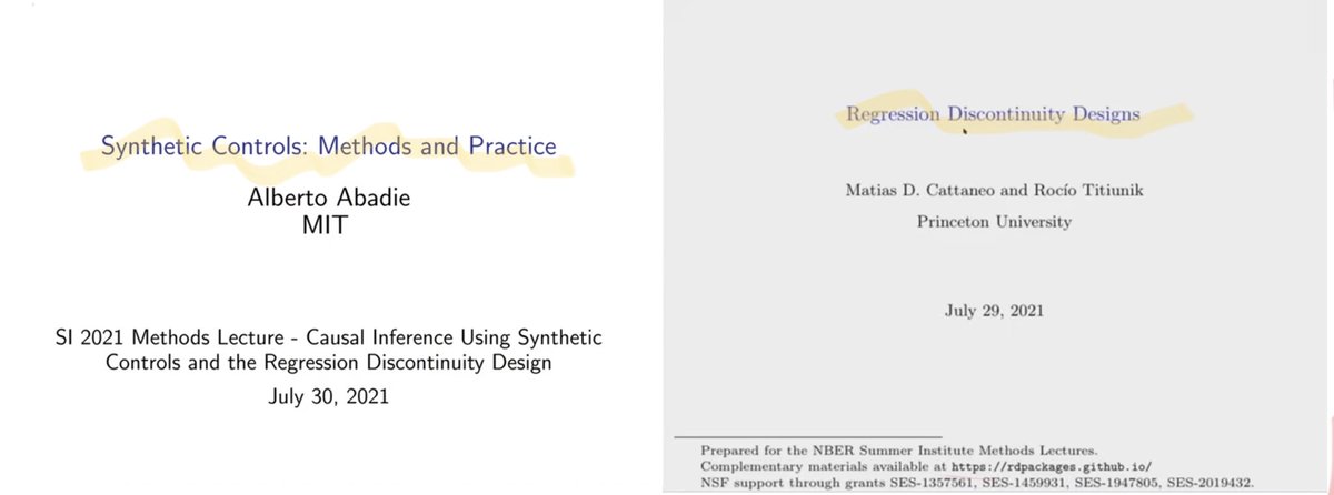 Giuseppe Cavaliere (@cavalieregiu) on Twitter photo Hi #EconTwitter!
For economists interested in 𝐜𝐚𝐮𝐬𝐚𝐥 𝐢𝐧𝐟𝐞𝐫𝐞𝐧𝐜𝐞:
Check out these three great #NBER lectures by Alberto Abadie (<a href="/MITEcon/">MIT Economics</a>), Rocio Titiunik & Matias Cattaneo (<a href="/Princeton/">Princeton University</a>) on Synthetic Controls and Regression Discontinuity Designs
Very nice stuff! Hi #EconTwitter!
For economists interested in 𝐜𝐚𝐮𝐬𝐚𝐥 𝐢𝐧𝐟𝐞𝐫𝐞𝐧𝐜𝐞:
Check out these three great #NBER lectures by Alberto Abadie (<a href="/MITEcon/">MIT Economics</a>), Rocio Titiunik & Matias Cattaneo (<a href="/Princeton/">Princeton University</a>) on Synthetic Controls and Regression Discontinuity Designs
Very nice stuff!