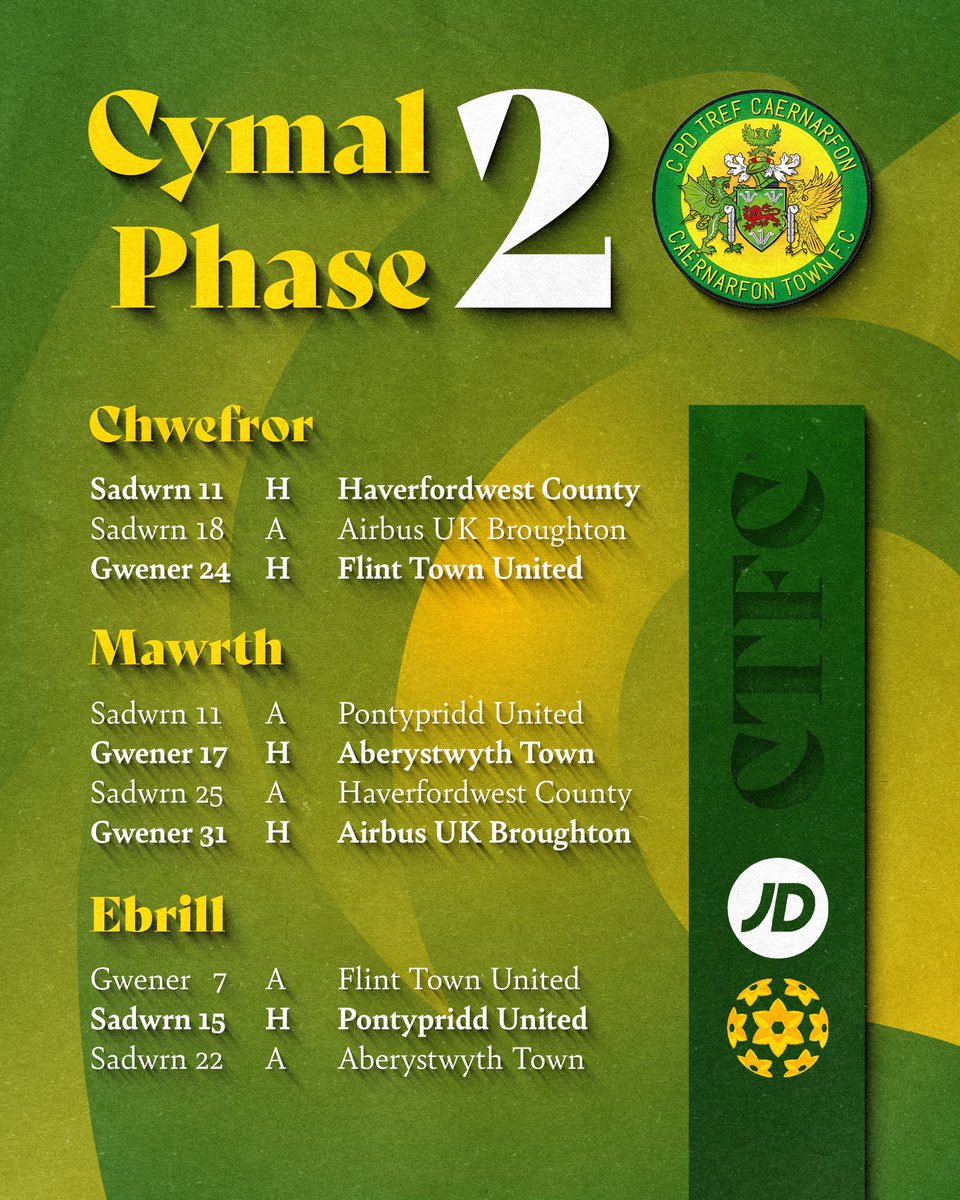 CaernarfonTown's tweet photo. 𝗣𝗛𝗔𝗦𝗘 𝟮

Dyma beth sydd o’m blaenau yn ail  Gymal @CymruLeagues. Gobeithio mai’r Gemau Ail-Gyfle Cynghrair Ewropa ydi’r canlyniad

Here’s what’s ahead of us in the second phase of the season in the @CymruLeagues. Let’s hope it ends with an European Playoff spot. 

#UnClwb https://t.co/2jxhmlIaNK