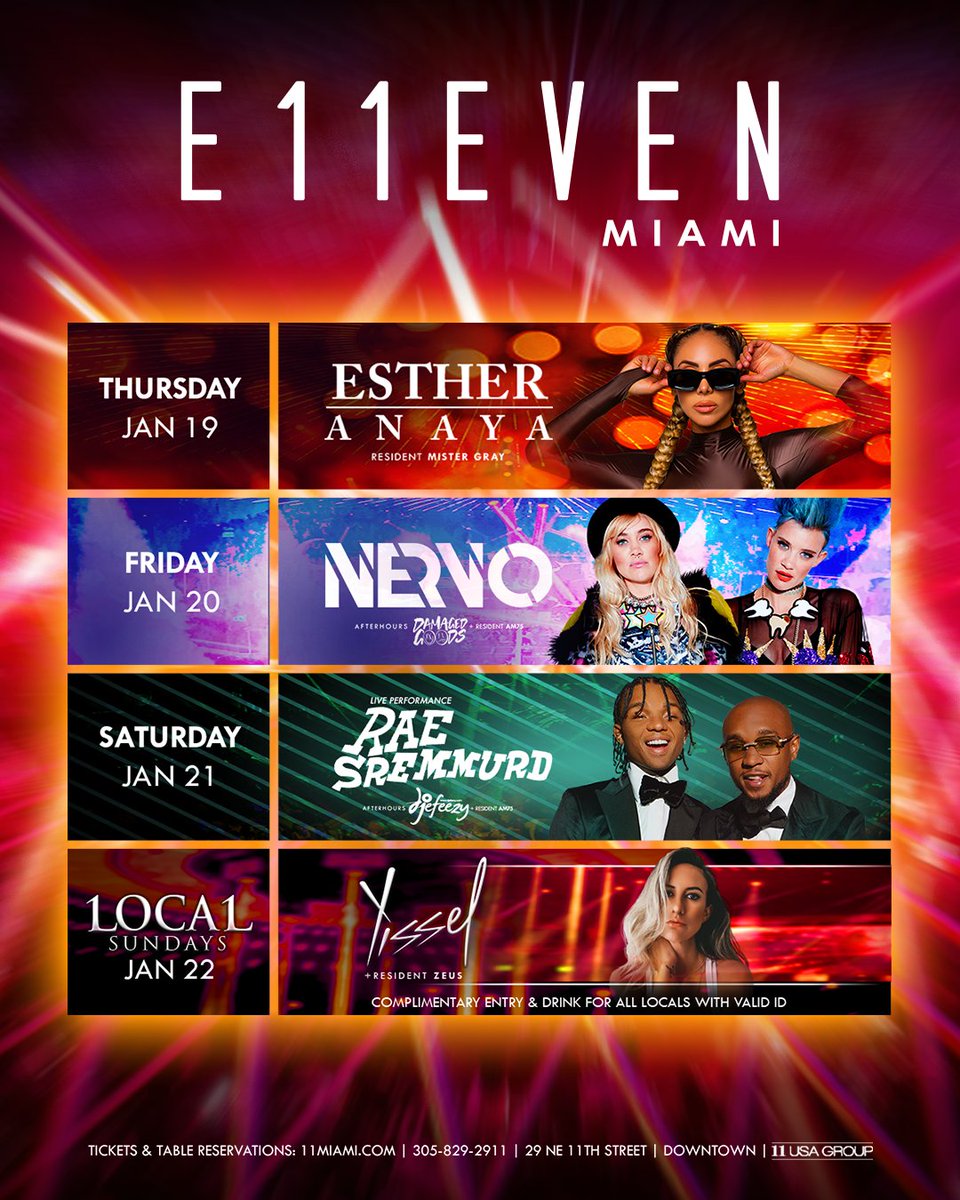 11Miami's tweet photo. Three cheers to friendship, fun, and the weekend 🥰 at #E11EVEN

Thu 1/19 #Estheranaya
Fri 1/20 @Nervomusic
Sat 1/14 @Raesremmurd
Sun 1/15 @Soundsbyyissel

Tickets &amp; Tables: https://t.co/zcavAx9DcD

#11Angels #11Miami #NOSLEEP https://t.co/6lUIrvKWHx