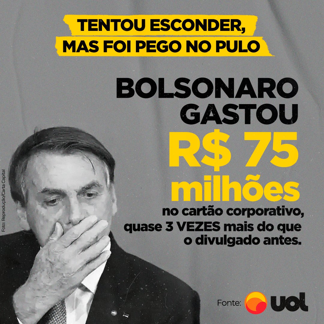 🚨 Dado direto do Portal da Transparência do governo Federal. Foram R$ 75 MILHÕES EM QUATRO ANOS! 🤑

Espalhe também:
⚠ A maior parte dos gastos NÃO TEM NOTA FISCAL;
⚠ O valor foi gasto APENAS pelo gabinete da presidência;

75 MILHÕES DE MAMATACARD
