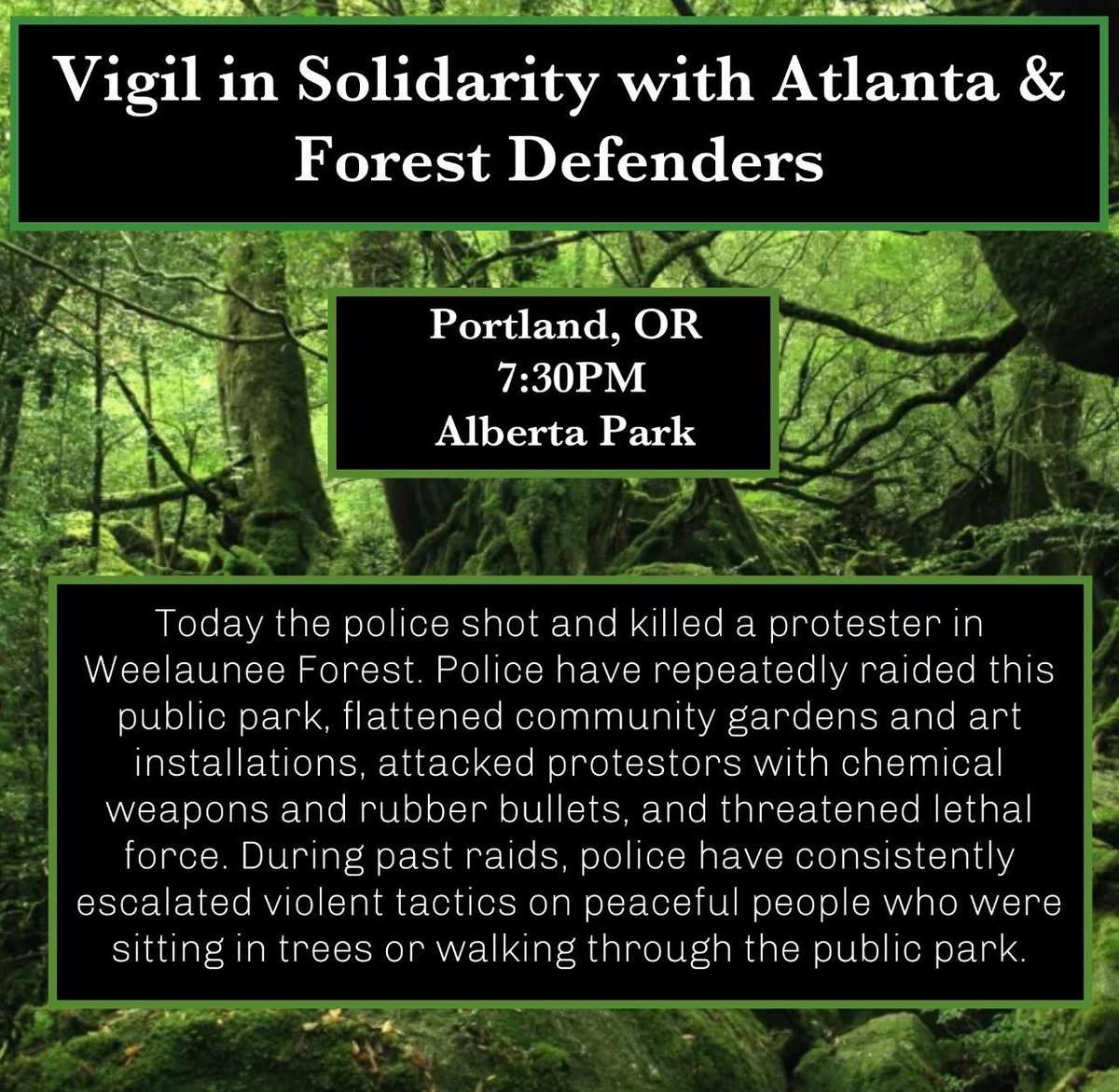 CW: police violence/murder
Vigil tonight in solidarity with Atlanta and Forest Defenders mourning the protestor shot and killed by police.
