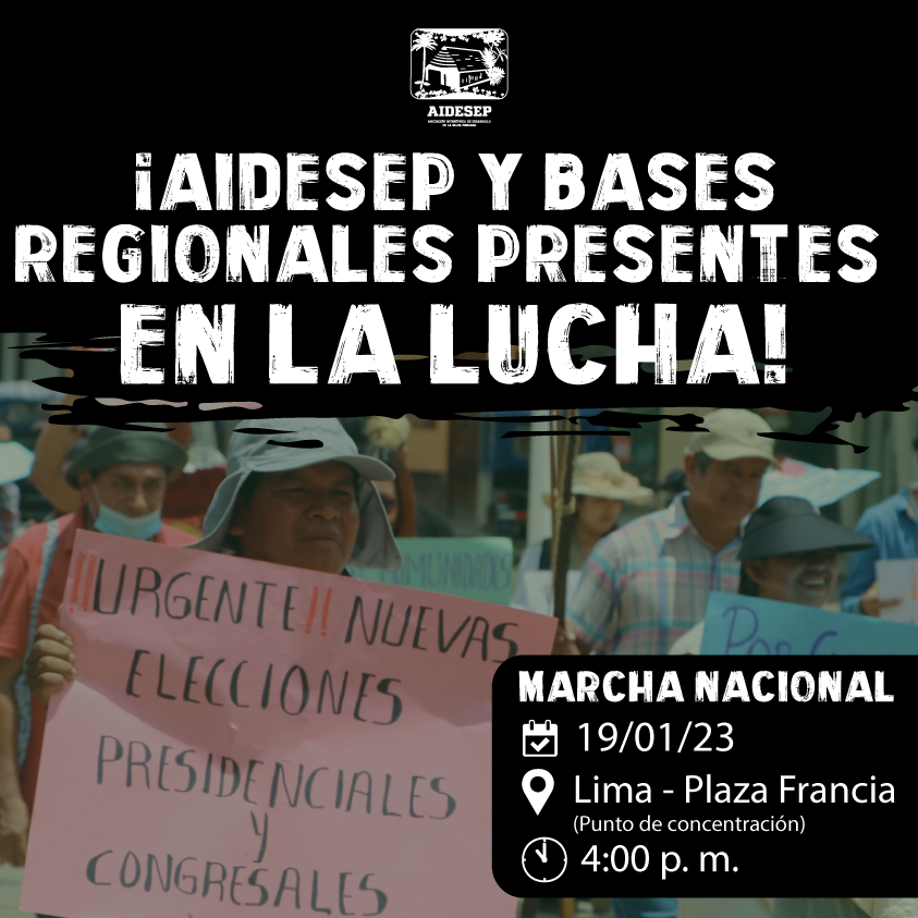 ¡Los pueblos indígenas presentes en la lucha! ✊
Nos autoconvocamos e invitamos a nuestros aliados a participar en las movilizaciones permanentes en Lima y regiones.
📅 19/01
📌 Marcha en LIMA - Punto de concentración: Plaza Francia
⏰ 4:00 p. m.
¡Nos vemos en las calles!