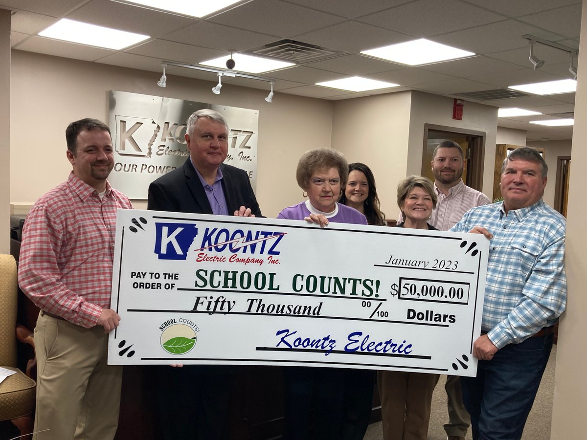 "Conway Co. School Counts! has received a $50k donation from Koontz Electric Company of Morrilton. Representatives of Koontz presented the check to members of the School Counts! Steering Committee on Thursday." -KVOM