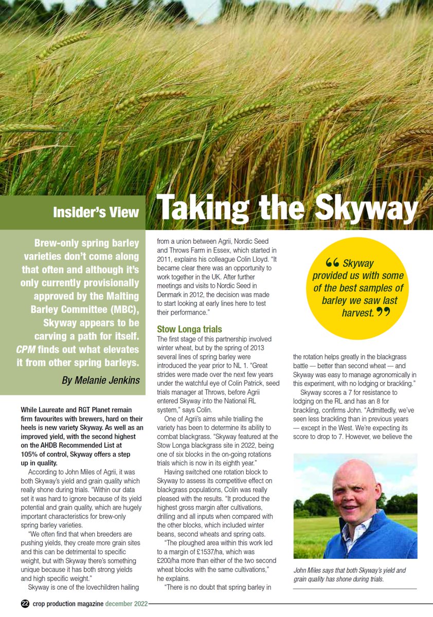AgriiUK's tweet photo. Did you read about #Skyway #springbarley in 
@cpm_magazine's #Insidersview? 
✨ Joint highest malting barley yield on the RL
✨ Highest specific weight of any spring barley on the RL
✨ Excellent agronomics
✨ Get in touch for seed &amp; buyback options
https://t.co/GXOG4WbRTr https://t.co/MAClSNraMZ