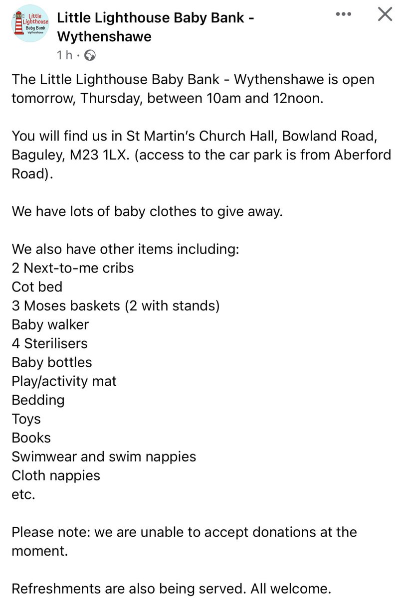 The #LittleLighthouse #BabyBank - #Wythenshawe is open tomorrow, #Thursday 10am-12pm.

St.Martin’s #Church Hall, Bowland Road, #Baguley #M23 1LX (car park is Aberford Rd)

Lots of #free #baby #clothes & equipment

#WarmSpace #M22 #FoodBank #Charity #Manchester #Help #Support