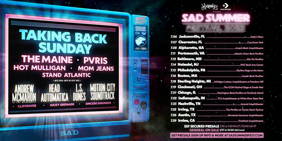 journeys's tweet photo. We’re back for another amazing summer with 
@sadsummerfest and we're bringing some of our besties over at @Converse!

See you soon @TBSOfficial, @themaine, @ThisIsPVRIS, @HotMulligan, @momjeansca, @standatlantic, @andrewmcmahon @lsdunes, @MotionCityMusic, Head Automatica &amp; more! https://t.co/ytXfPTnWoh