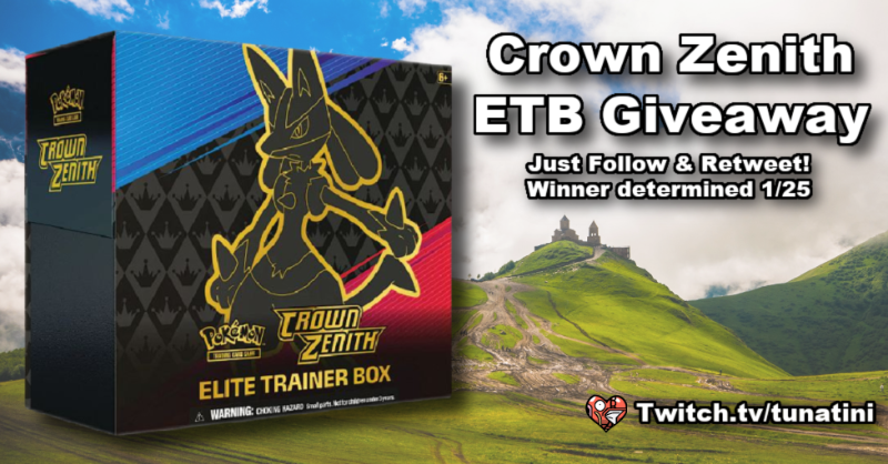 TunatiniTCG's tweet photo. 🎁 CROWN ZENITH ETB GIVEAWAY! 🎁

2 ezclap steps to enter:
✅Follow @TunatiniTCG
✅Retweet this post

Winner drawn live on stream 1/25!
(you do not need to be present to claim)

 #Giveaways #PokemonTCG #CrownZenith https://t.co/iF56AxxbWs