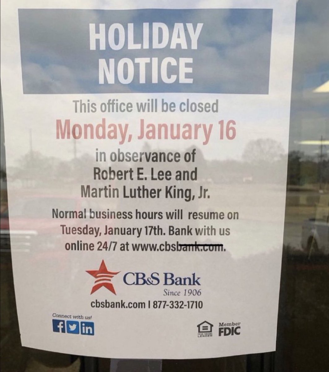 The audacity….! 🤦🏾‍♂️ 
<a href="/cbsbank/">CB&S Bank</a> You’re honoring a slave owner who lead the fight to maintain slavery? On MLK Day…? Really? 🤔