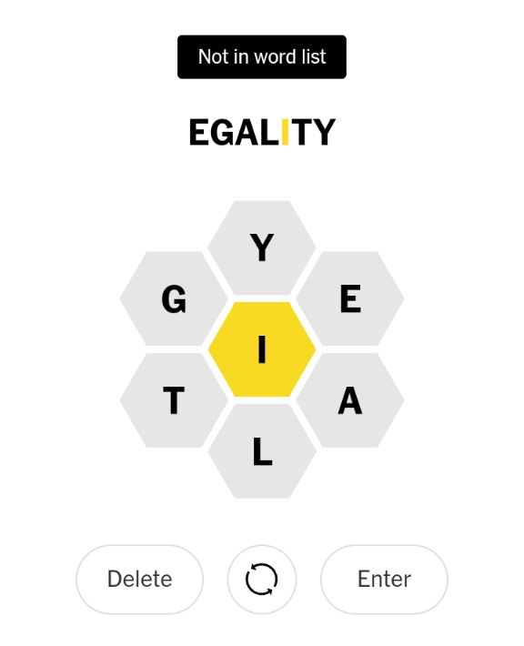 HessMatthias's tweet photo. Agh come on @NYTGames
#egality
equality, esp political and social equality
#spellingbee #pangram https://t.co/YSBqpOeSmf