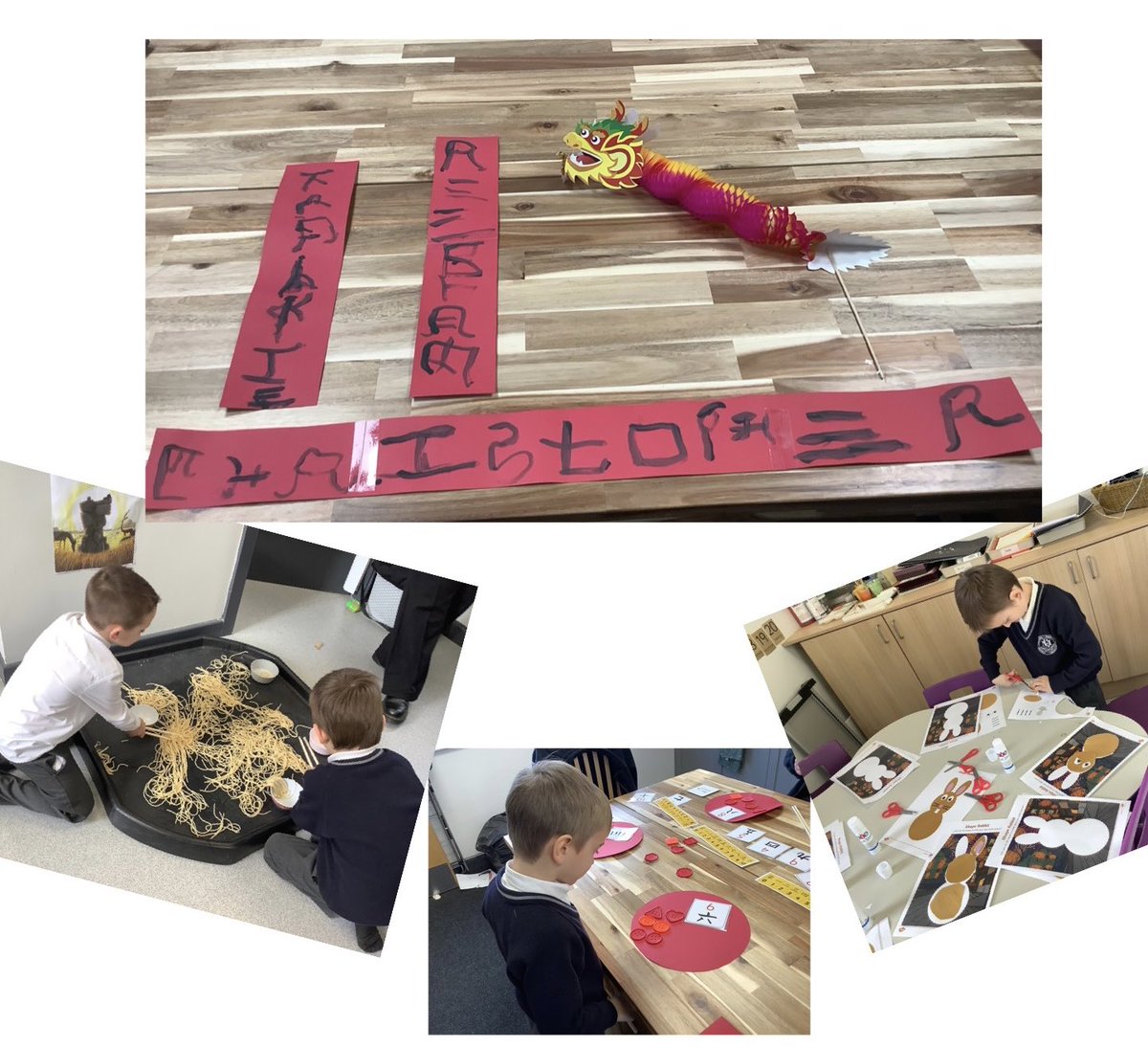 MonksdownHive's tweet photo. To celebrate Chinese New Year we read the story of how the Chinese Calendar was created, then acted it out.  We tried to use chopsticks and write in Chinese.  This year is the year of the Rabbit, so we practiced our rabbit cutting skills. ⁦@MonksdownReads⁩ https://t.co/zn2UsWSJGG