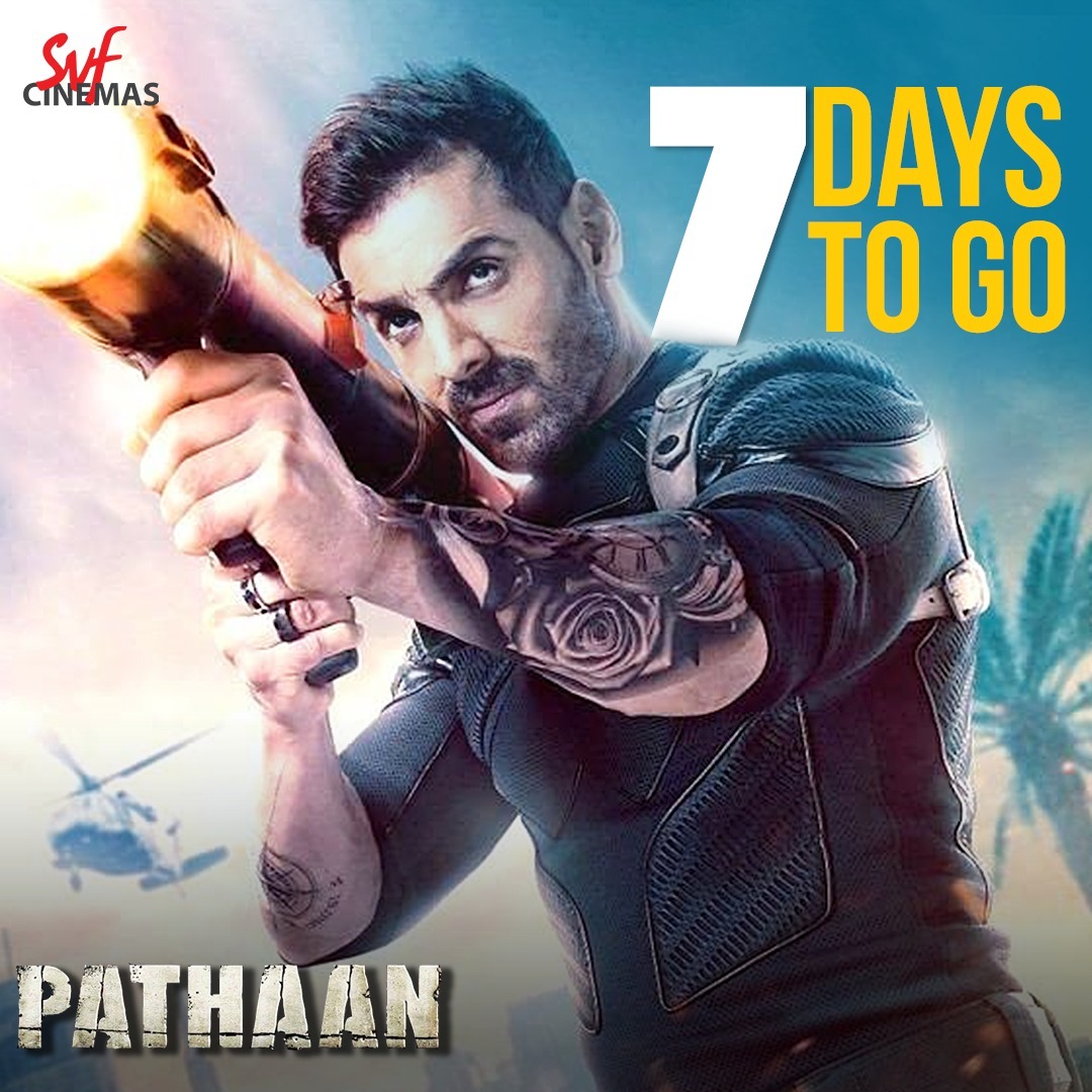 svf_cinemas's tweet photo. Bas ek hafte baad Pathaan aa raha hai aapke nazdeeki #SVFCinemas mein! ๐ฅ๐ฅ
#Pathaan releasing on 25th January.
#SRK #ShahRukhKhan #DeepikaPadukone #JohnAbraham #SiddharthAnand #1WeekForPathaan https://t.co/yQlZ8D3BoX