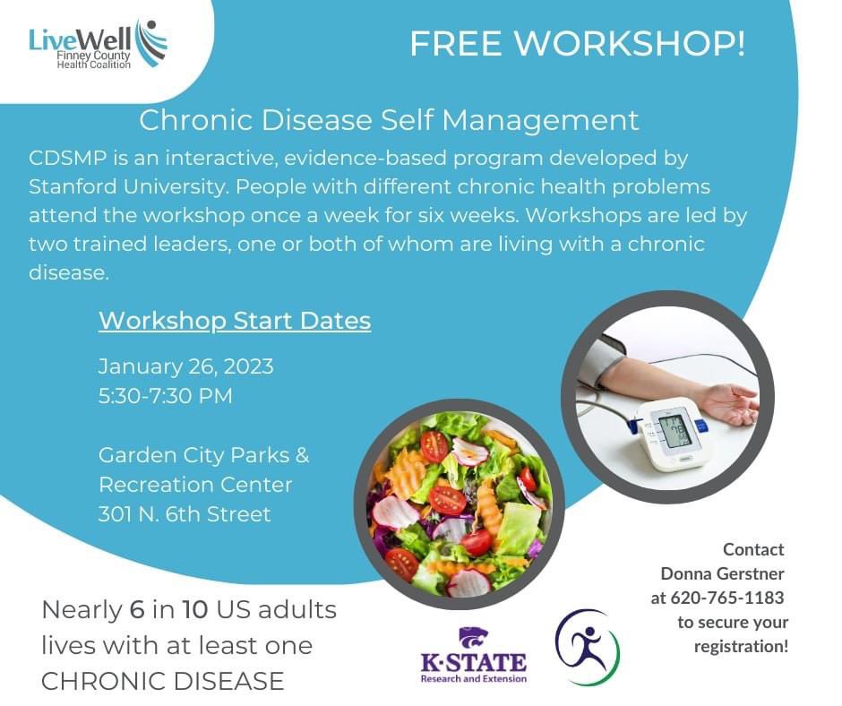 LiveWellFCCHC's tweet photo. Nearly 6 in 10 adults lives with a chronic disease. CDSME is a great way to learn how to get on the road to good health! #LiveWellFC #CDRR #kansas #chronicdisease https://t.co/KIYRLtvwEc