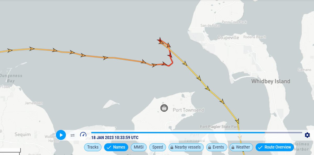 heyjohnryan's tweet photo. @SalishSeaFuture What do you make of this loop-de-loop the disabled container ship and its 3 tugs did in Admiralty Inlet? Is that a sign of some trouble in an area with strong currents etc.? @USCGPacificNW @FossMaritime #GSLEleni https://t.co/EttnFJ8hUp