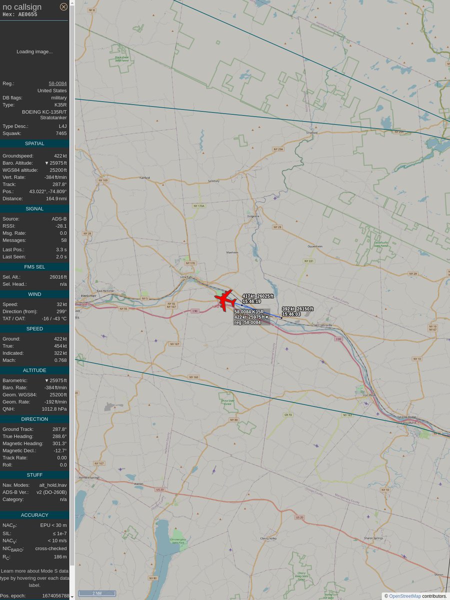 PlaneBoston's tweet image. #PlaneAlert ICAO: #AE0655 Tail: #580084 
Owner: #UnitedStatesAirForce
Aircraft: #Boeing KC-135T
2023/01/18 10:46:11
#K35R #Air2Air #IAmOld #SR71 airforce.com 
globe.adsbexchange.com/?icao=AE0655&amp;amp;s…