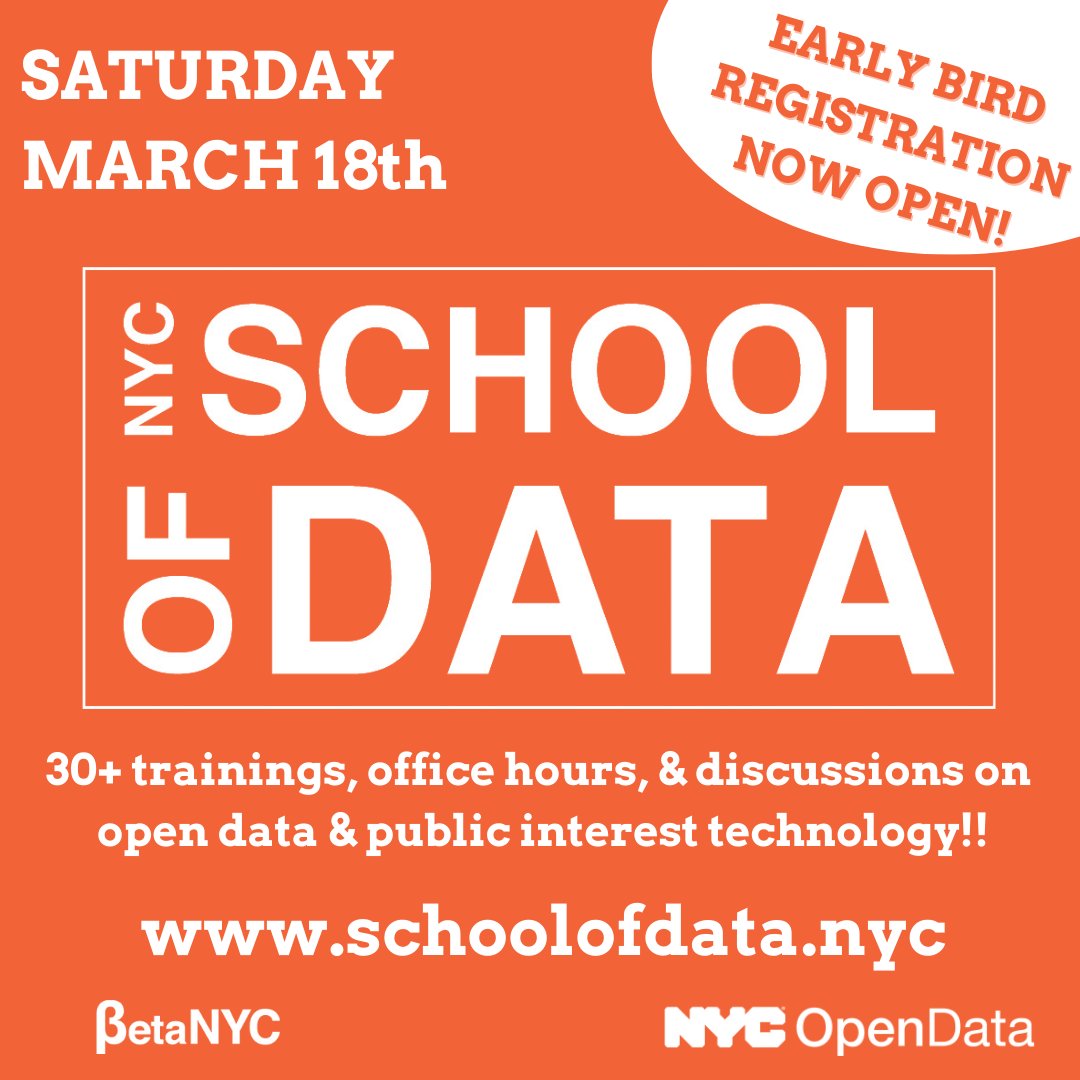 📣 Hey #civictech family! NYC’s School of Data <a href="/nycsodata/">NYC School of Data Conference 2025</a> conference is back, join us in person on Sat 3/18. 

🎟️ Register at < bit.ly/early-bird-sod… > to get your early bird tickets today!
