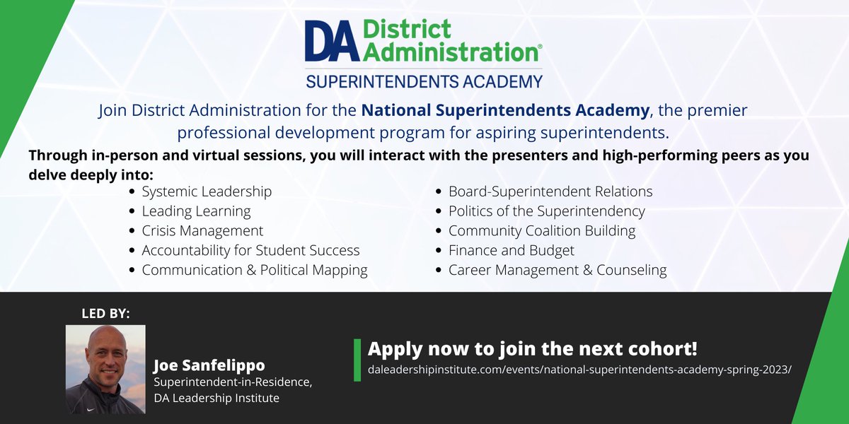 DA_Leadership's tweet photo. The National #Superintendents Academy is a professional development series where aspiring #superintendents, like you, gain the skills, systems, and relationships needed to become tomorrow’s transformative school district leaders. 

Reserve your spot now: https://t.co/RVZLVLwcZm https://t.co/N8j8LLQLCg