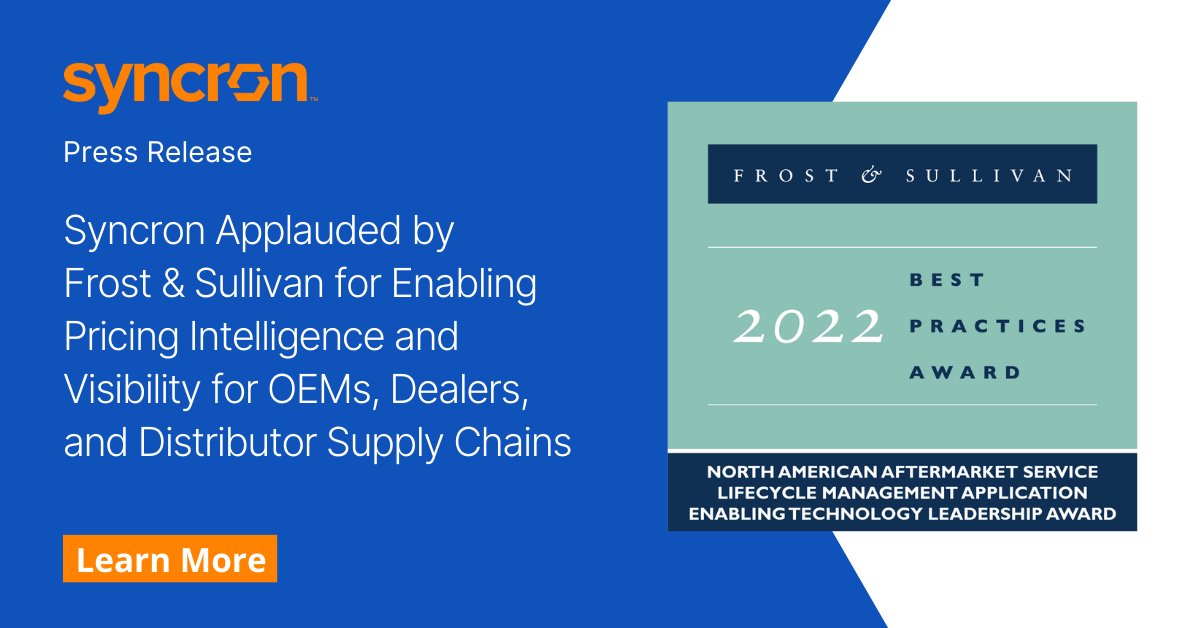 SyncronSCM's tweet image. @Frost_Sullivan recognizes Syncron with the 2022 North American Enabling Technology Leadership award. 

Learn more: bit.ly/3QB1C2g

#Technology #Aftermarket #ServiceLifecycleManagement