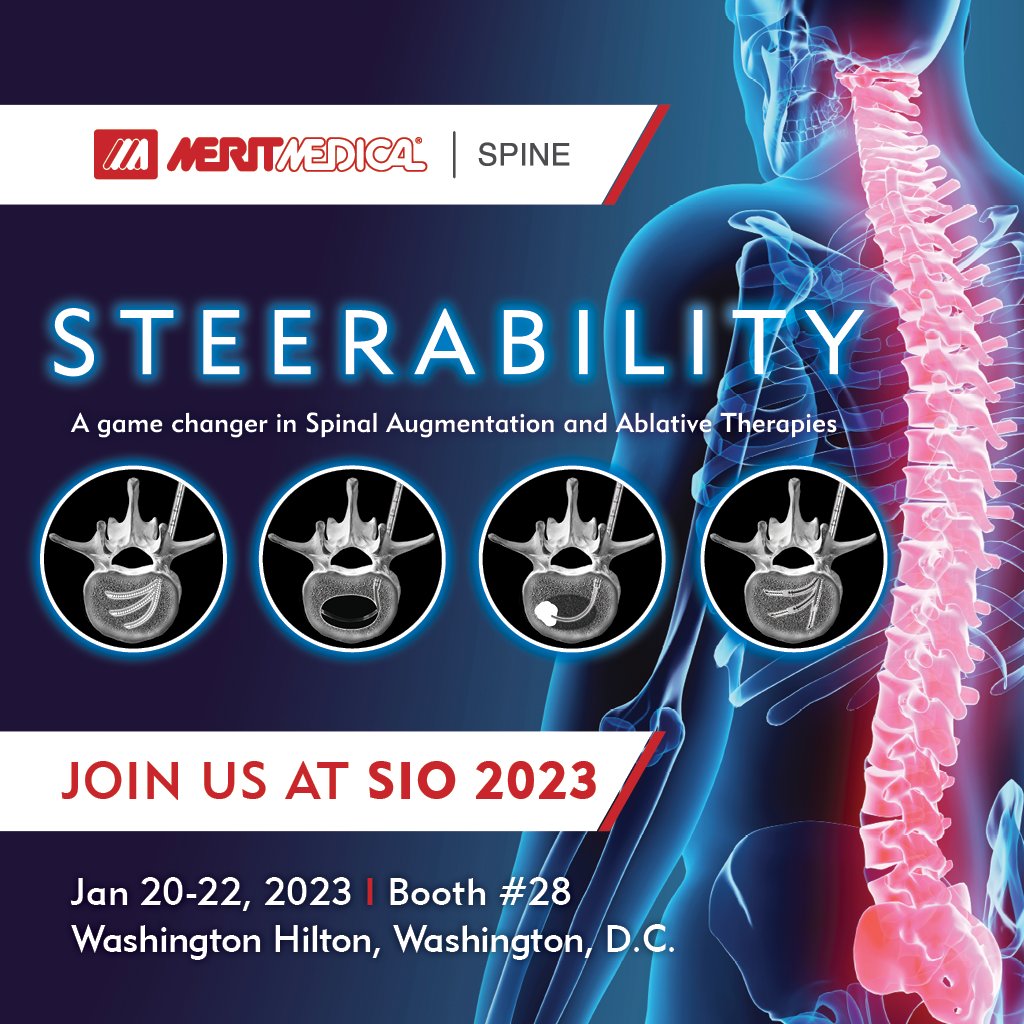 Don’t miss your chance to experience the latest advancements in Vertebral Augmentation and Ablative Therapies. Join #MeritSPINE at #SIO2023 in Washington, D.C., Jan. 20-22 for hands-on opportunities using Merit SPINE’s unique steerable technology. #steerabilitymatters #IO #RFA