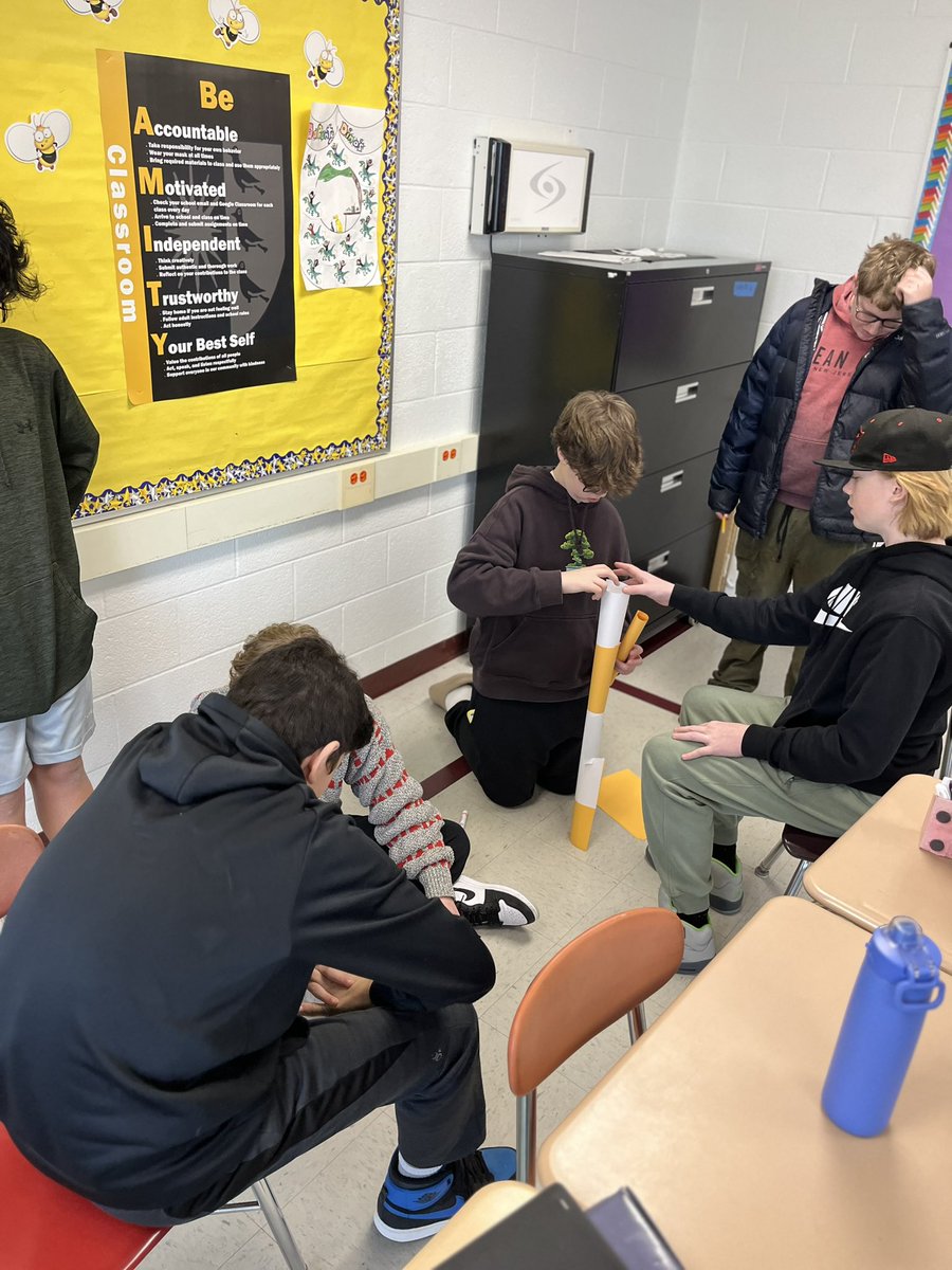 AmityMSBethany's tweet photo. Some 7th grade students working together in Advisory to design and construct free standing structures. https://t.co/d5AI8jiTby