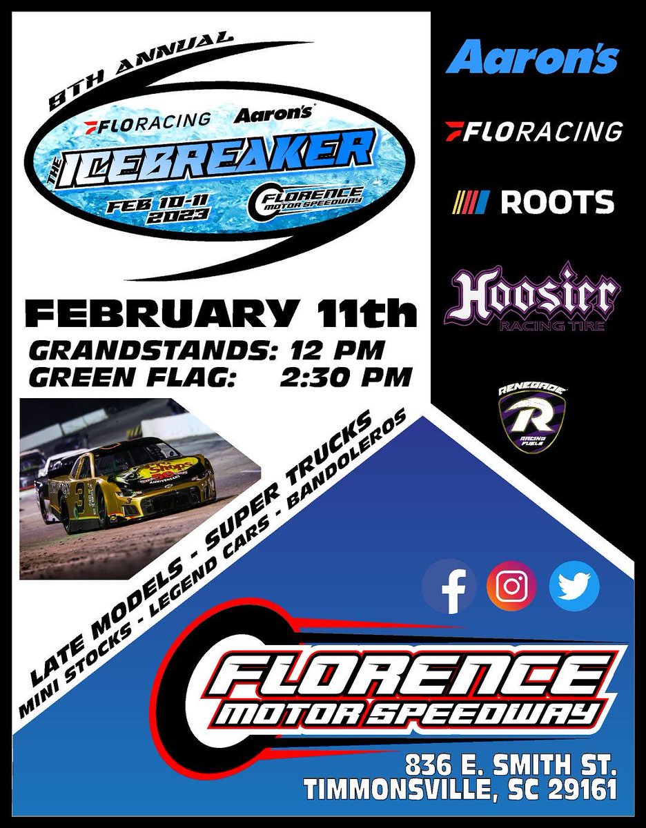 FmSpeedway2025's tweet photo. Just a little over three weeks away til we kick off the 2023 season with the ”8th Annual IceBreaker!”

Divisions in action will be NASCAR Late Model Stock Cars, Super Trucks, Mini Stocks, Legend Cars, and Bandoleros. 

TO PURCHASE TICKETS: Visit https://t.co/m0n3cgdHbU https://t.co/fwzIf5rq7m