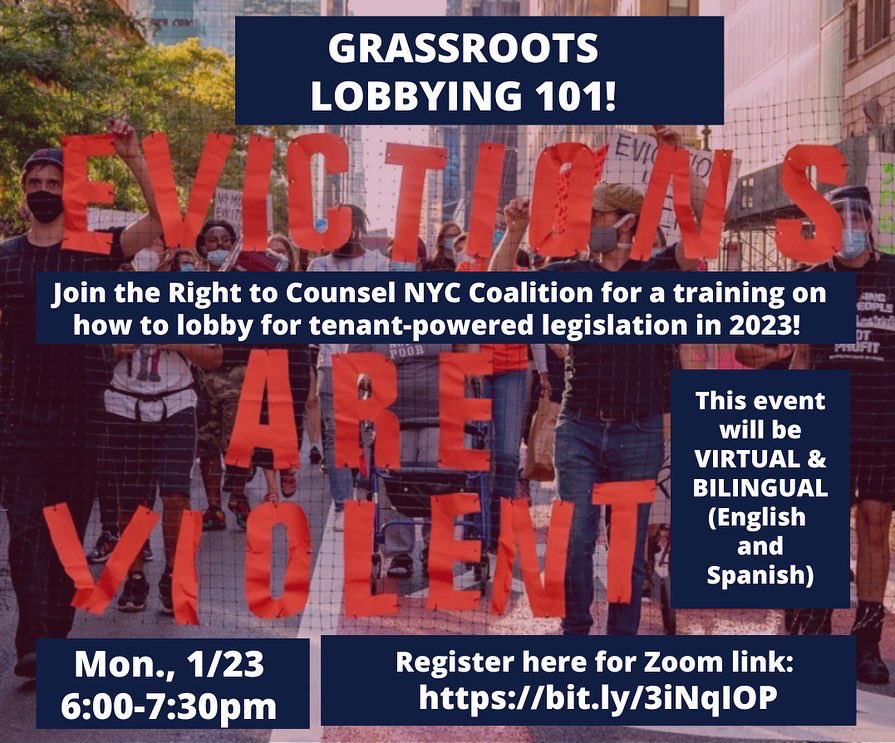 RTCNYC's tweet photo. Our legislators work for US! And they need to hear from us that nothing short of fighting like hell for tenants’ rights is acceptable! Join us this Mon, 1/23 for a virtual training on Grassroots Lobbying. Event will be in spanish &amp; english. Register here: https://t.co/Ha6M5iZ7uj https://t.co/lwPCZHXfrp