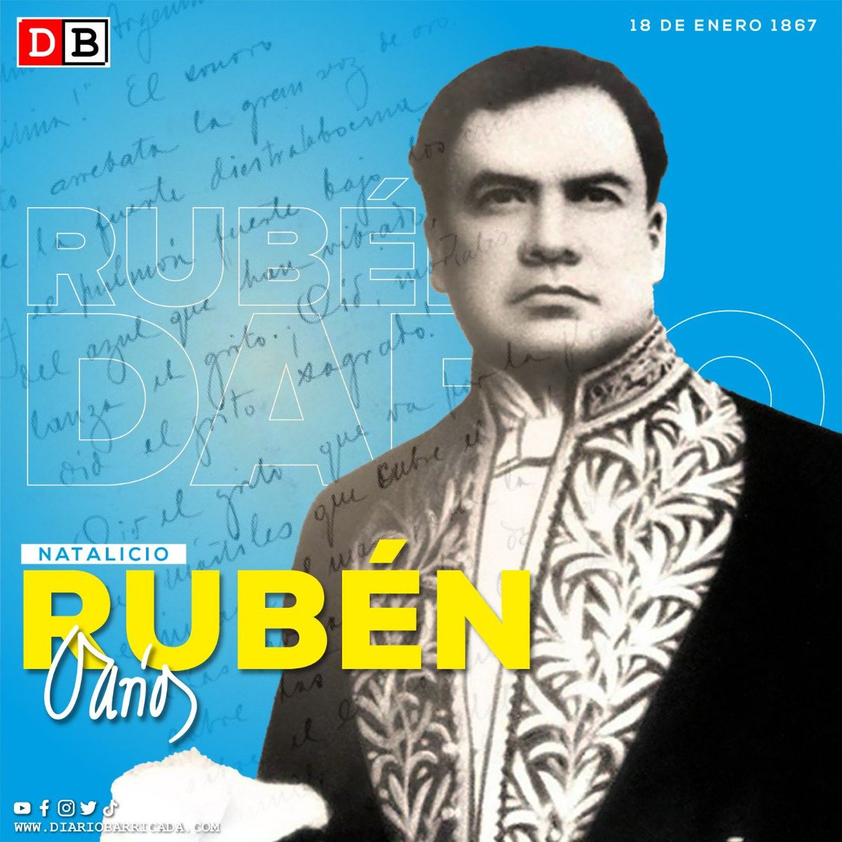 Hoy celebramos el 156 aniversario del natalicio de Rubén Darío,gran literato,periodista,escritor ypoeta universal,que logró comprender su época,criticar la llamada Modernidad Capitalista y el peligro expansionista del yanqui invasor como en su Oda aRoosvelt.#DarioSolQueNoDeclina
