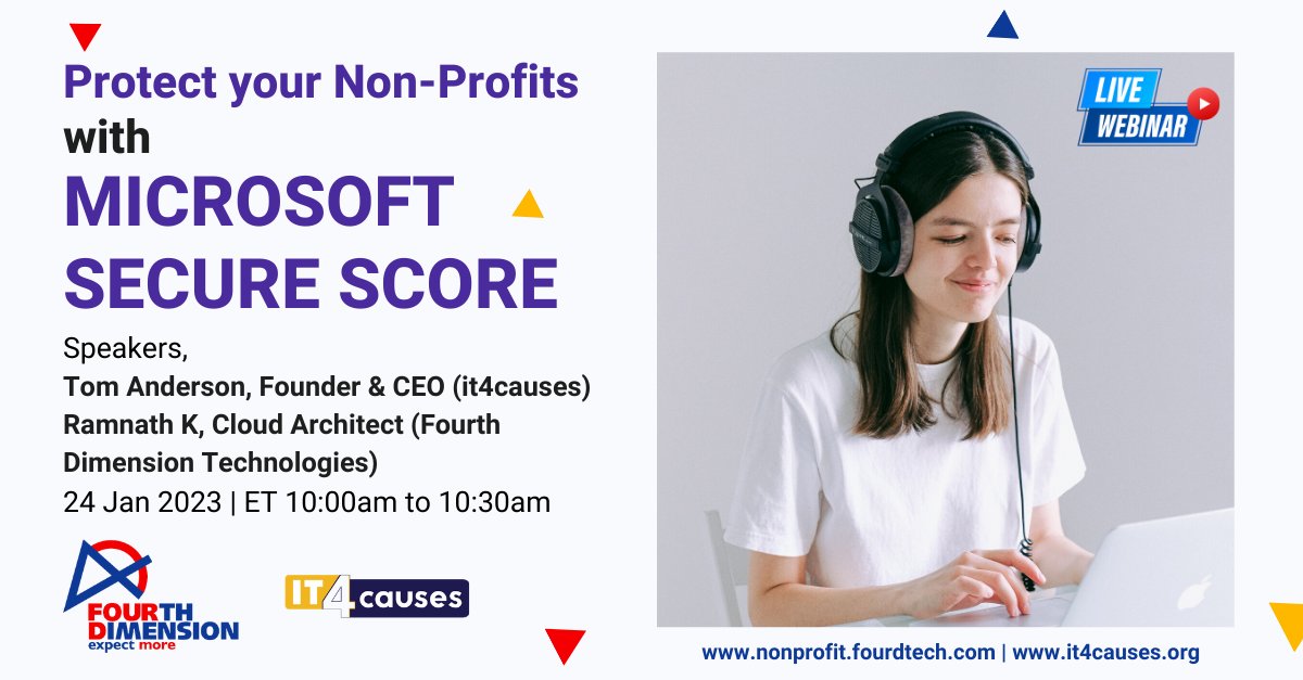 IT4Causes will be co-hosting a free webinar on M365 security for nonprofits on Jan 24. Register now to join this important discussion! shorturl.at/dFL07 #nonprofit #security #webinar #securscore