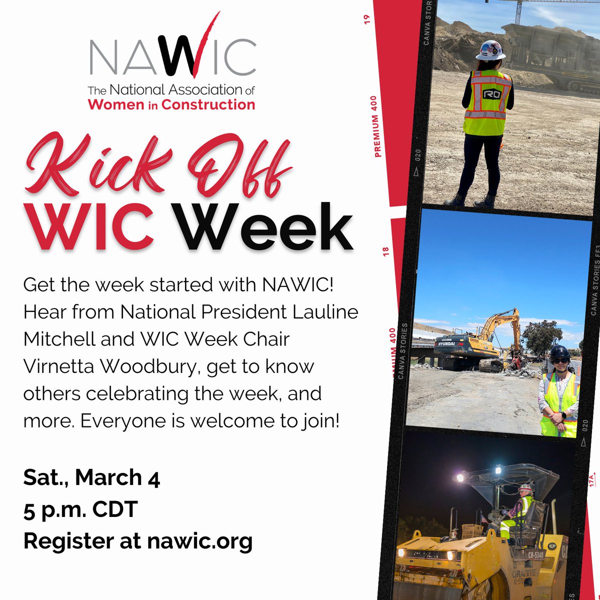 Kick off WIC Week with NAWIC! Join us March 4 to hear from women in construction, meet others celebrating the week, and more.

Register now: ow.ly/4zG850MtVbU

#WICWeek23 #25YearsofWICWeek #NAWIC #NAWICWomen #WomeninConstruction #WomeninTrades #construction #trades