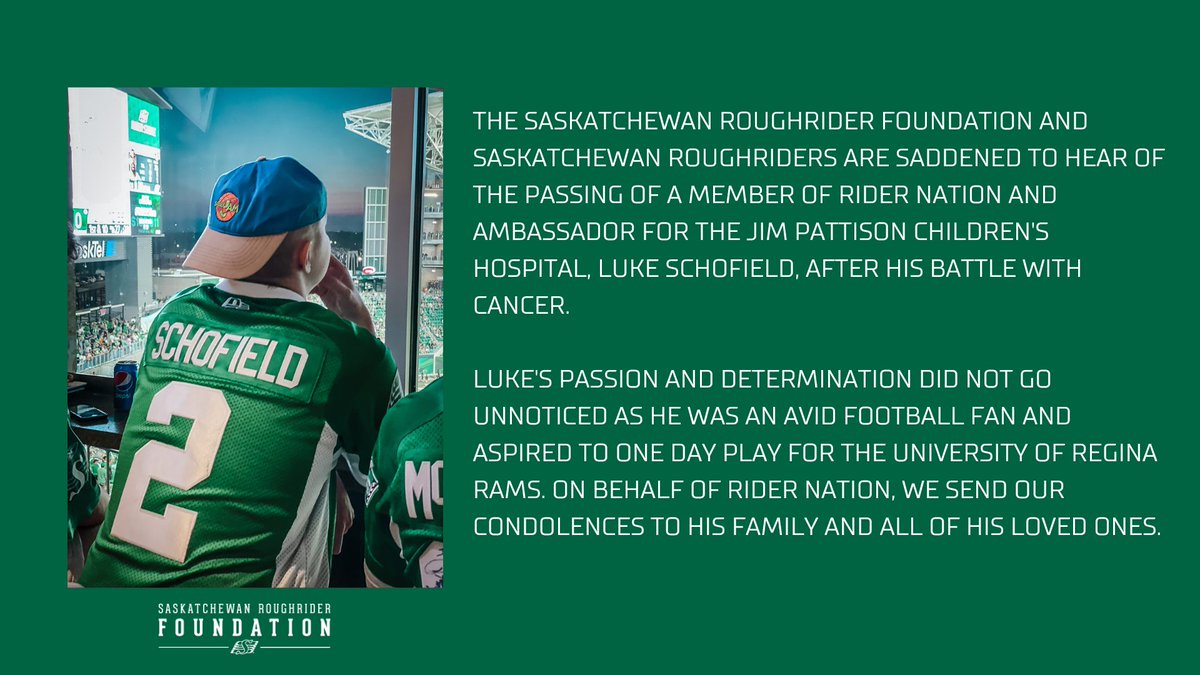 SaskRidersFDN's tweet photo. In loving memory of Luke Schofield 💚 https://t.co/AwFlzyuF5T