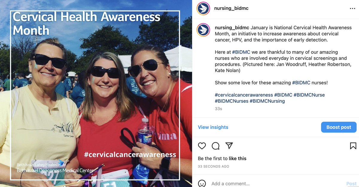 BIDMC_ObGyn's tweet photo. Love seeing this shoutout to our #GynOnc @BIDMCNursing team on Instagram in honor of #CervicalCancerAwarenessMonth! #bestnurses #gyncancer #cervicalcancerawareness https://t.co/U2XhN5P1TM https://t.co/LWTLWp5Okr