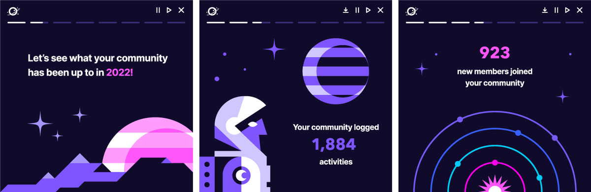 Community builders are busy, so it can be hard to reflect on and celebrate wins.

So today we released the 2022 Year in Community report, summarizing key stats from the year in a fun and shareable format 🥳

Login to your Orbit account (app.orbit.love) to see yours!