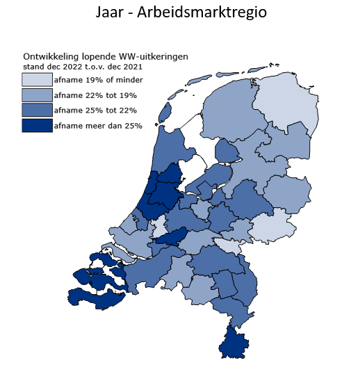 RobWitjes's tweet photo. Het aantal WW-uitkeringen lag ultimo 2022 in alle arbeidsmarktregio's lager dan eind 2021. Gemiddeld -22,2%. Grootste relatieve afname was in de regio Zaanstreek/Waterland: -27,5% https://t.co/VPyPVOEHKP