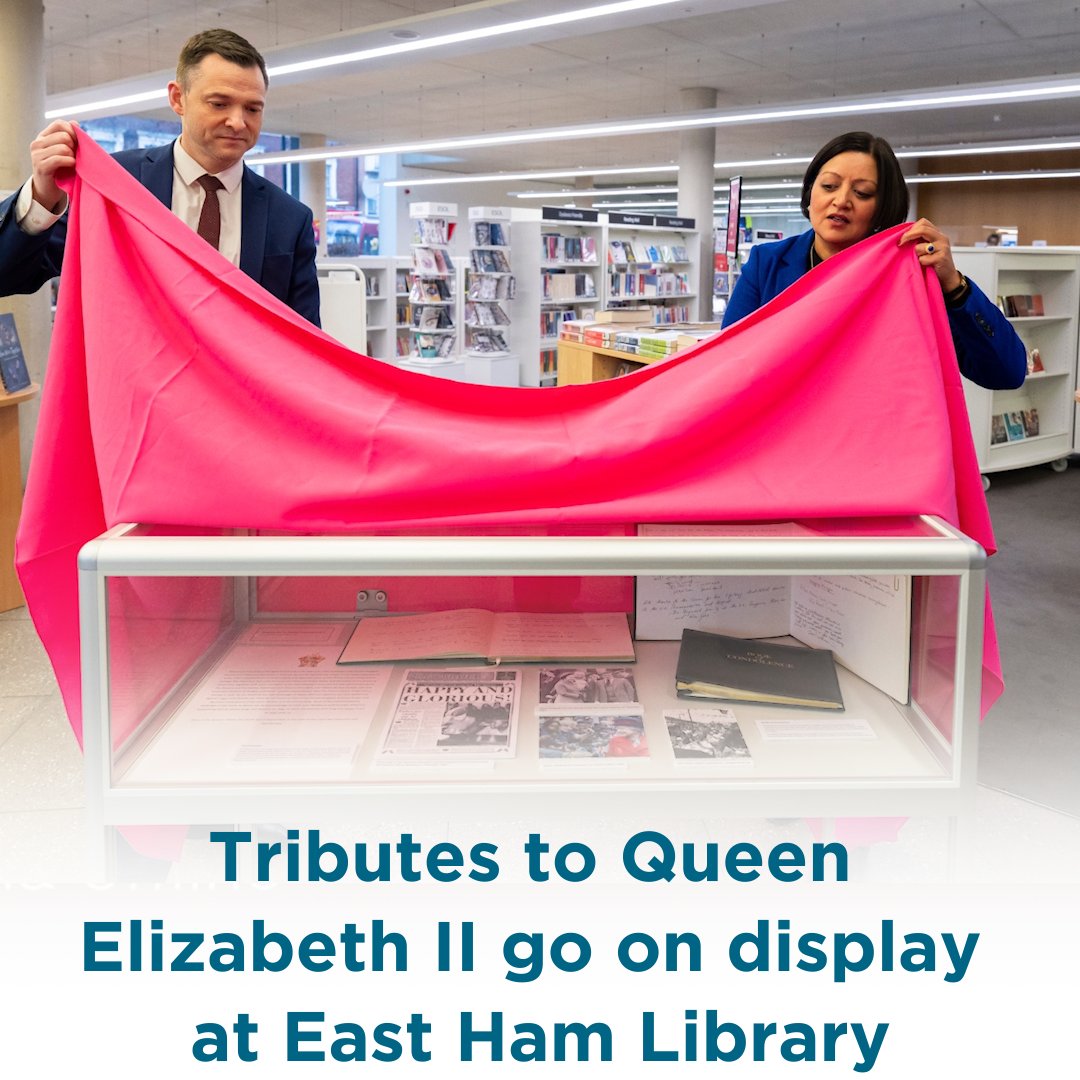 LondonLive's tweet photo. A display showing Newham residents’ tributes to Queen Elizabeth II was unveiled at East Ham Library by the Mayor of Newham, Rokhsana Fiaz OBE and Interim Chief Executive Colin Ansell.
Residents commemorated the Queen's legacy by writing messages in public condolence books. https://t.co/AuBzS9BLEg