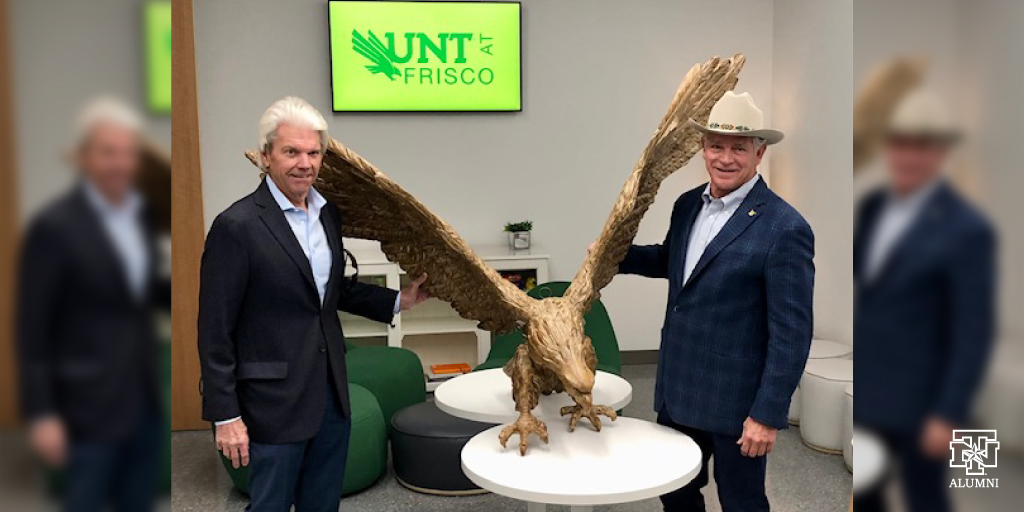 Join us in thanking UNT alumnus Rick Shaw ('74) for gifting a beautiful eagle statue to @UNTatFrisco! Shaw and his friend Bob Stout ('74) recently brought the statue to its new home on campus.
