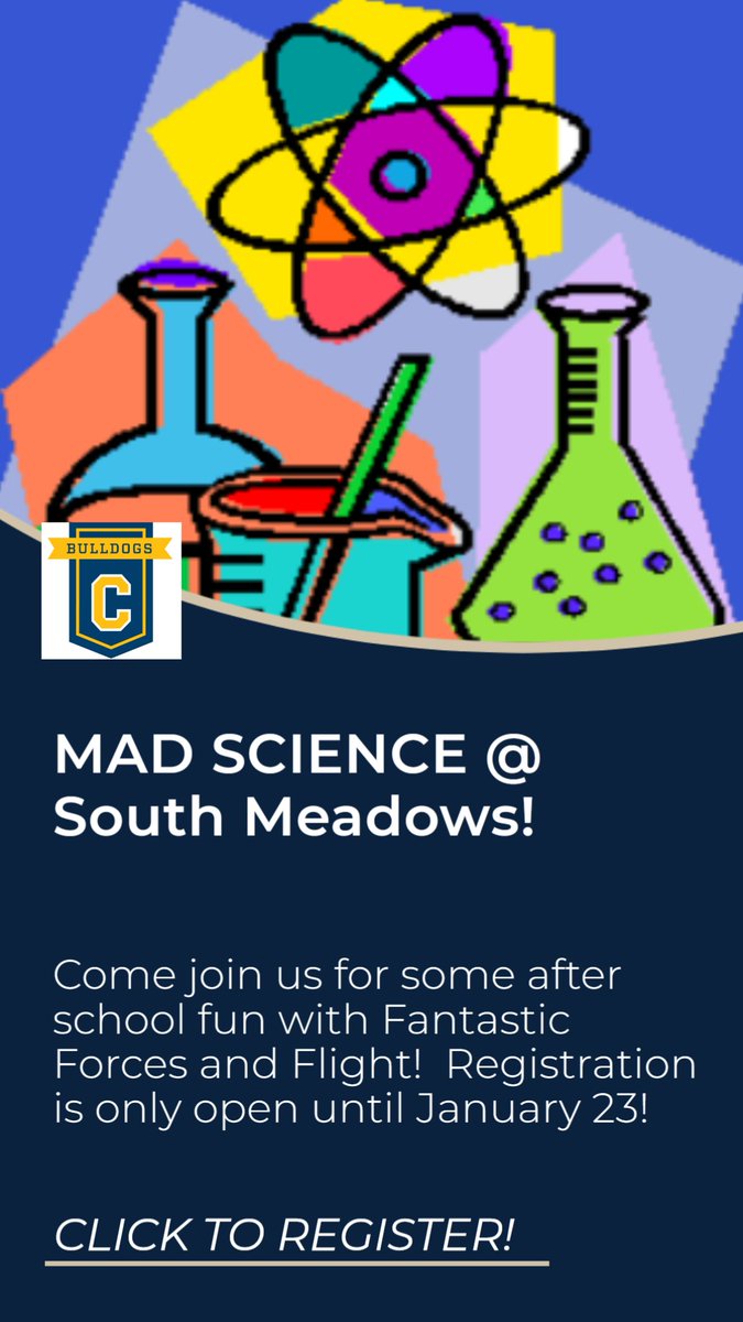 ChelseaCommEd's tweet photo. Registration for Mad Science at South Meadows is open until January 23.  Register now for the after school fun!
https://t.co/h794iKmikT
@SouthMeadows5 https://t.co/4zvFDOXVzg