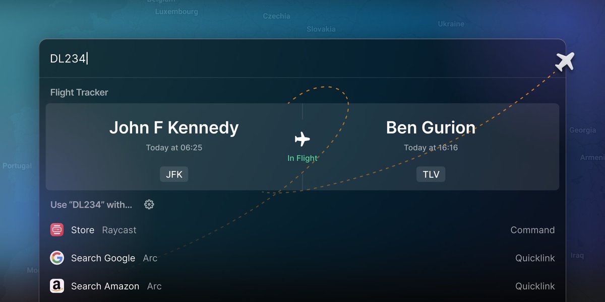 raycast's tweet photo. Our first update of the year…

🛫 Track flights and get real-time information, including departure and arrival times, flight statuses + more
🎭 Toggle Stage Manager with a system command
📆 Join @calcom video meetings from My Schedule

Full changelog 👉 https://t.co/jZp0MwagPx https://t.co/cycl9goI8n