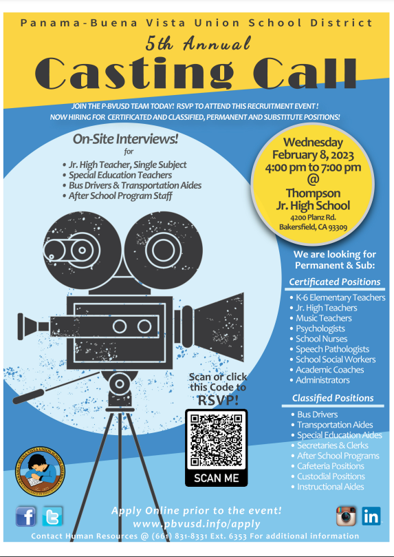 PBVUSD's tweet photo. 📣P-BVUSD CASTING CALL!📣
P-BVUSD is looking for experienced and driven Teachers, Bus Drivers, After School Program Staff &amp; More! You're invited to join us for our 5th annual "Casting Call" event hosted at Thompson Junior High on February 8th, 2023 from 4:00-7:00! https://t.co/rXxi7rybMw
