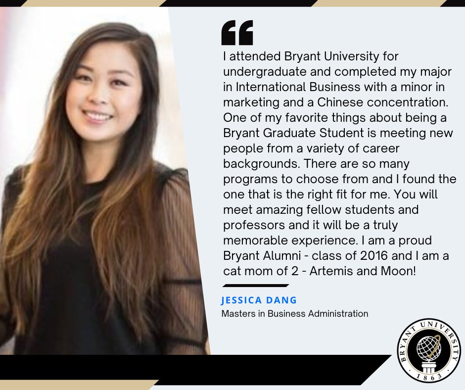 BryantGradProg's tweet photo. Meet Jessica Dang one of our MBA students at Bryant University! 🎓

One of Jessica's favorite things about being a Bryant student is meeting new people from a variety of career backgrounds. 

#MBA #BryantGraduatePrograms #BryantUniversity https://t.co/p7whaZgOEX
