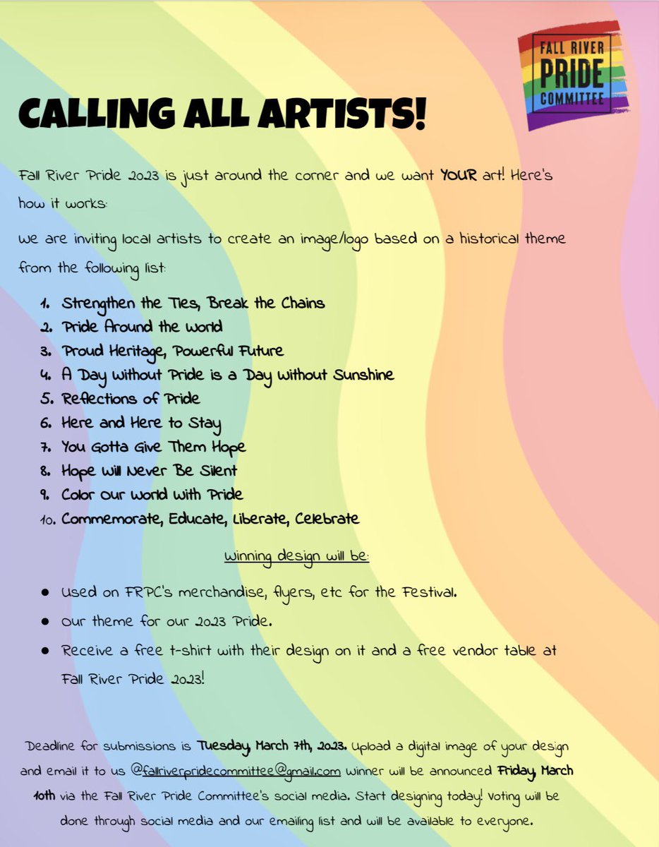 frprideco's tweet photo. CALLING ALL ARTISTS!
Fall River Pride 2023 is just around the corner and we want YOUR art!

Deadline for submissions is Tuesday, March 7, 2023. Upload a digital image of your design and email it to us @fallriverpridecommittee@gmail.com Winner will be announced Friday, March 10th https://t.co/7gYwqKMMGQ